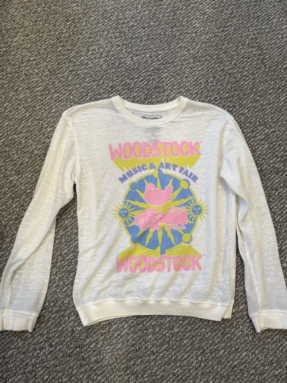 Karma Recycled Graphic Crewneck in White with Pink & Yellow Stripes